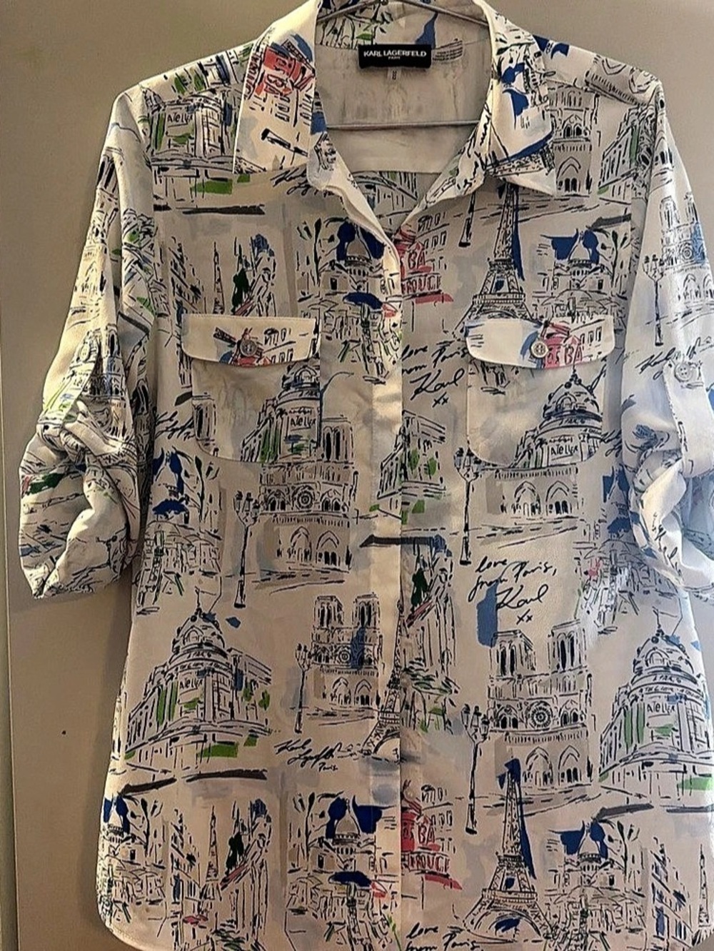 Karl Lagerfeld Printed Button Down Shirt in White & Blue Size Medium